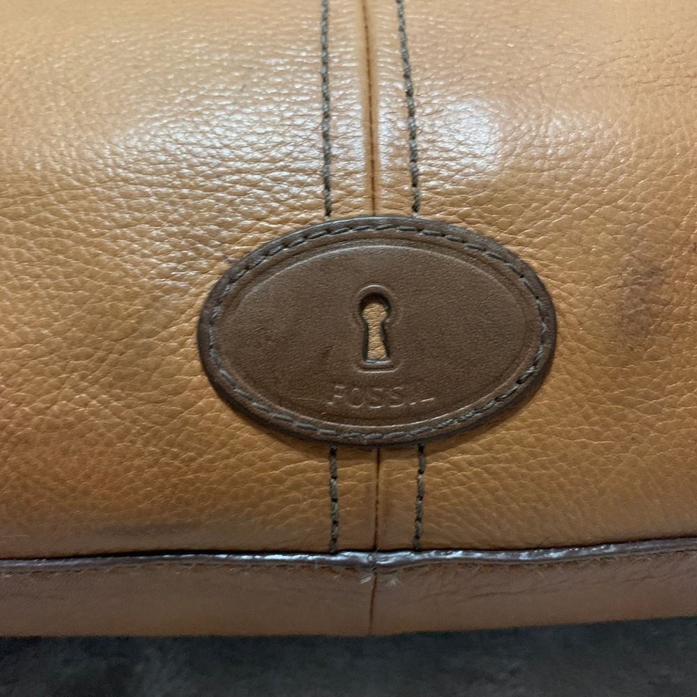 Fossil Women's Tan Leather Handbag Shoulder Bag Top Zip Pockets Flaw - Picture 5 of 16